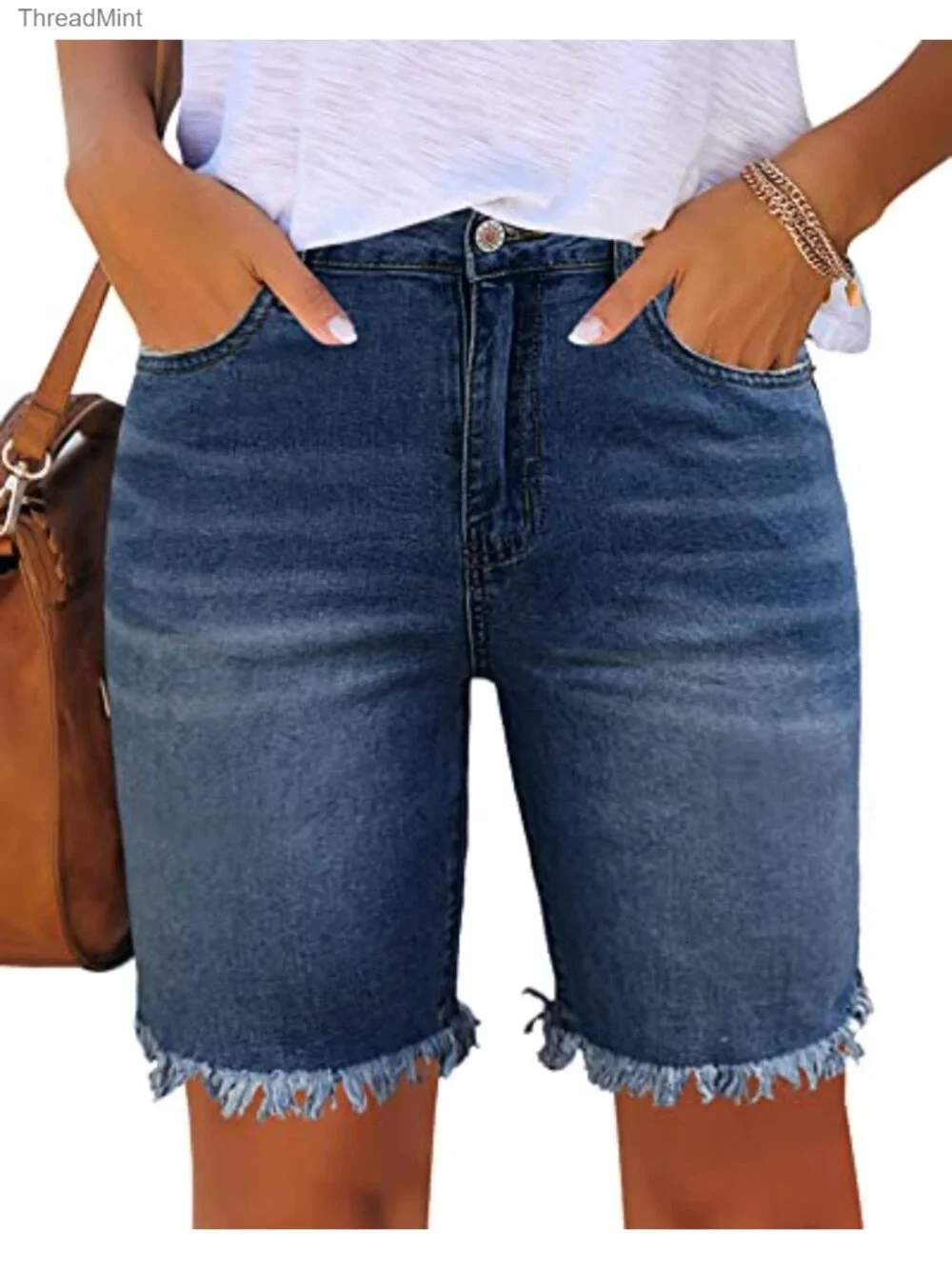 Frayed Ripped Bermuda Denim Shorts High Rise Stretchy Cotton Spandex